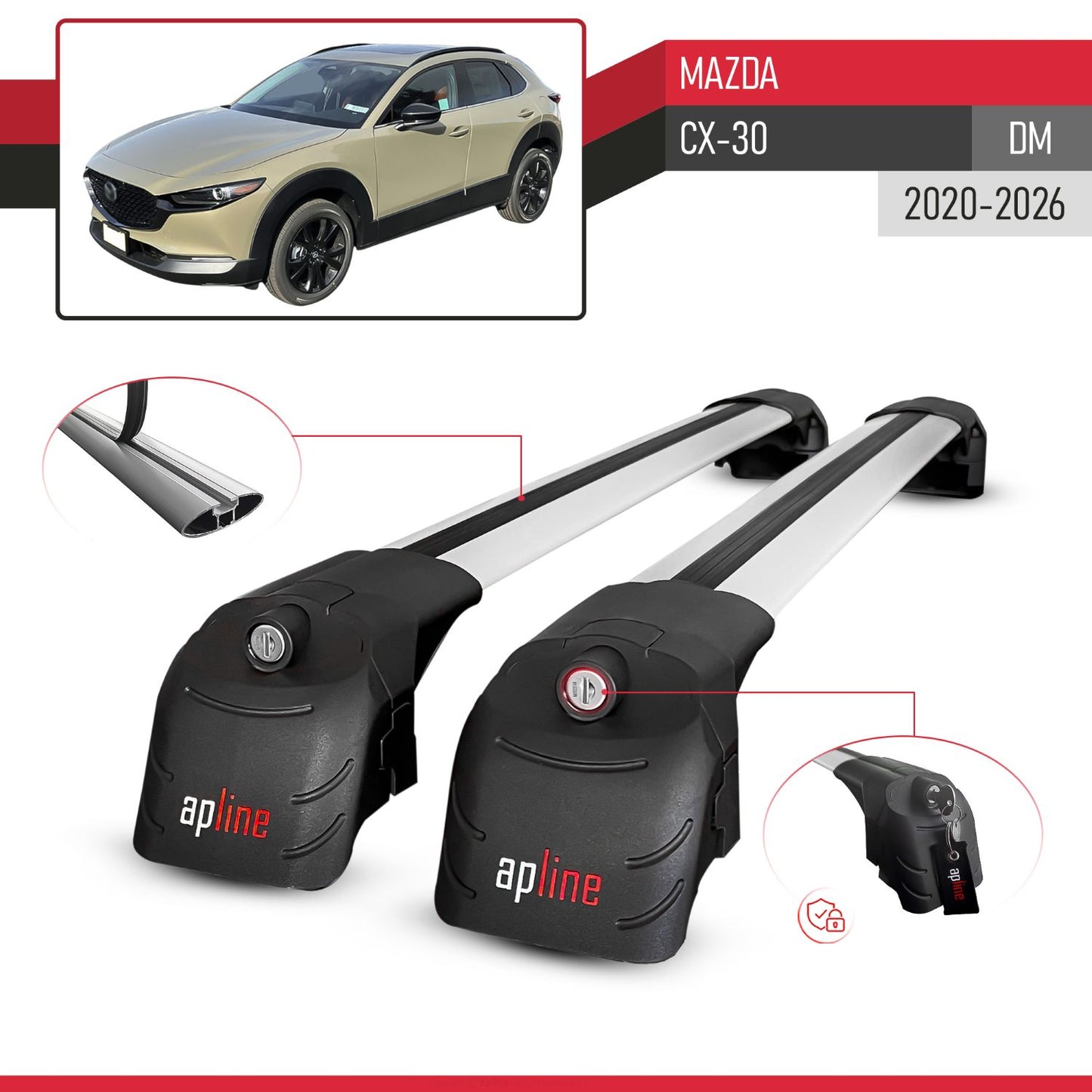 Compatible with Mazda CX-30 2020-2025 ACE-2 Car Roof Rack Cross Bar Grey Aluminium 2 Bars