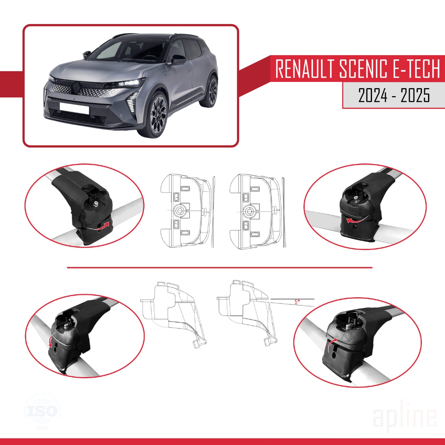 Compatible avec Renault Scenic E-Tech 2024-2025 ACE-2 Barres de Toit Railing Porte-Bagages de Voiture Gris Aluminium 2 Barres