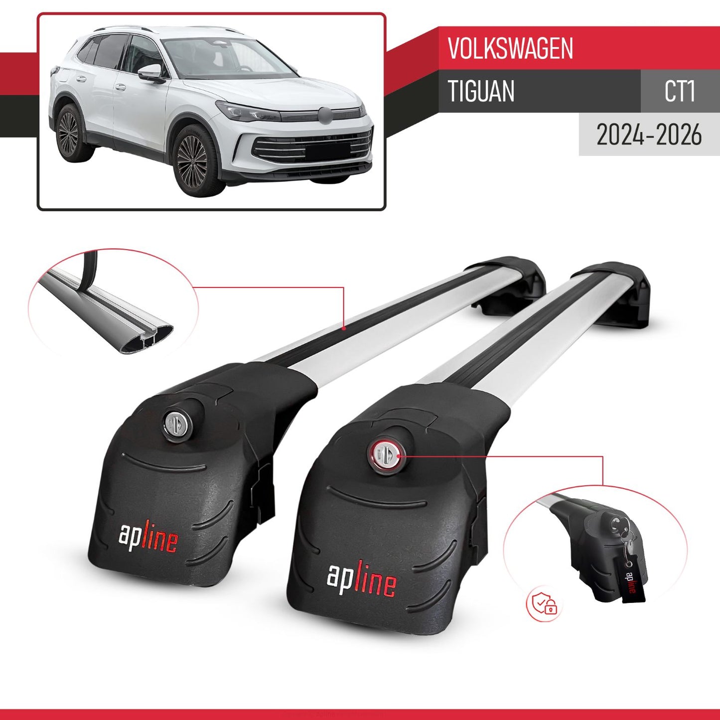 Compatible avec Volkswagen Tiguan (CT1) 2024-2026 ACE-2 modèle Barres de Toit Railing Porte-Bagages de Voiture Gris Aluminium Barres