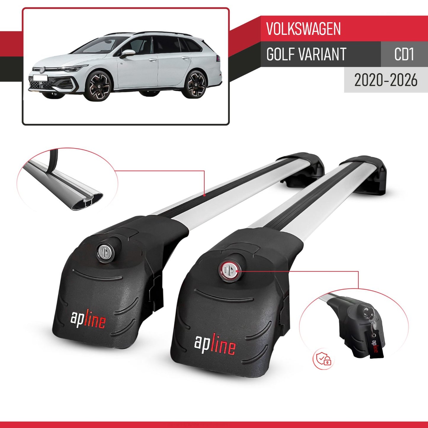 Compatible with Volkswagen Golf Variant 2024-2025 ACE-2 Car Roof Rack Cross Bar Grey Aluminium 2 Bars