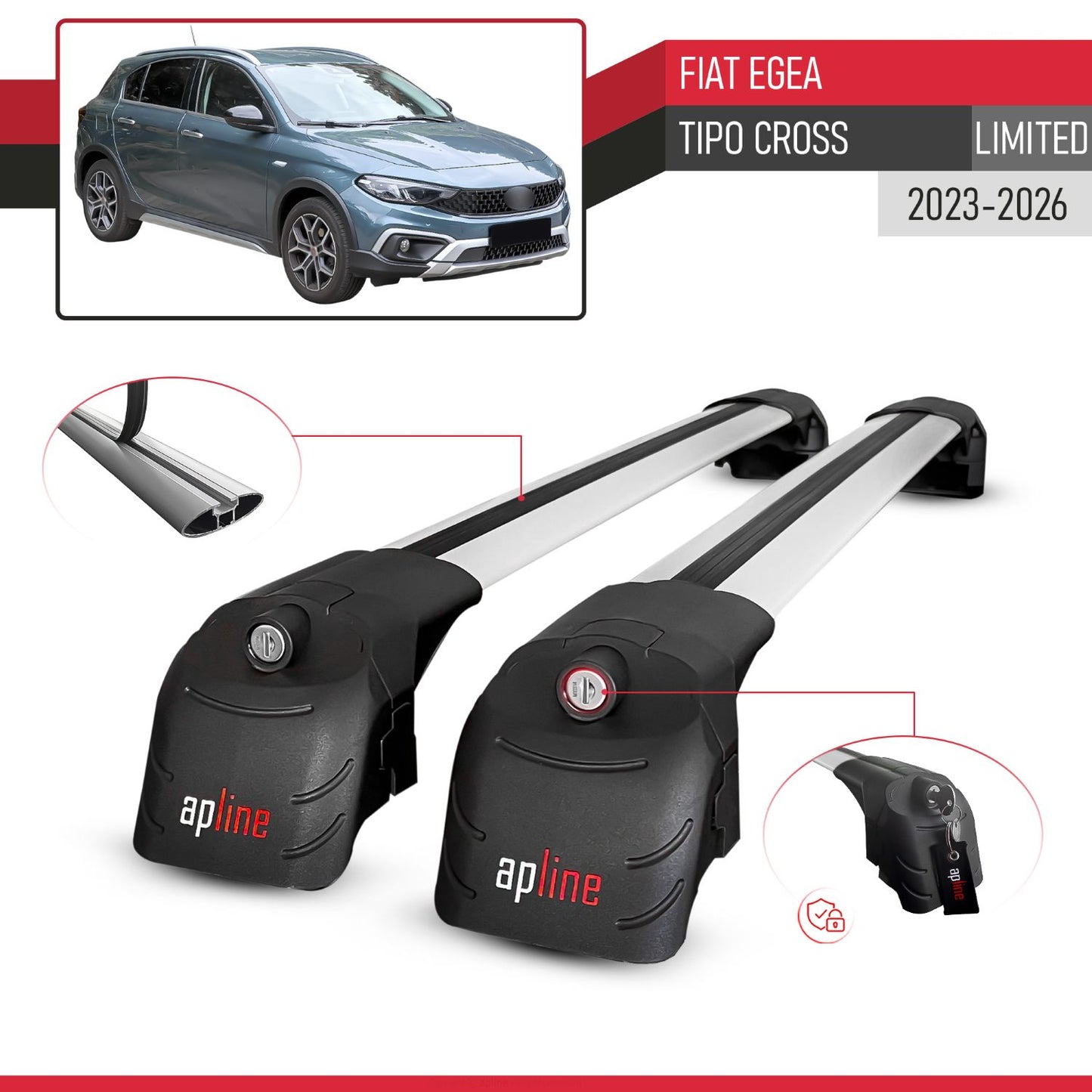 Compatible avec Fiat Egea / Tipo Cross (LIMITED) 2023-2026 ACE-2 modèle Barres de Toit Railing Porte-Bagages de Voiture Gris Aluminium Barres