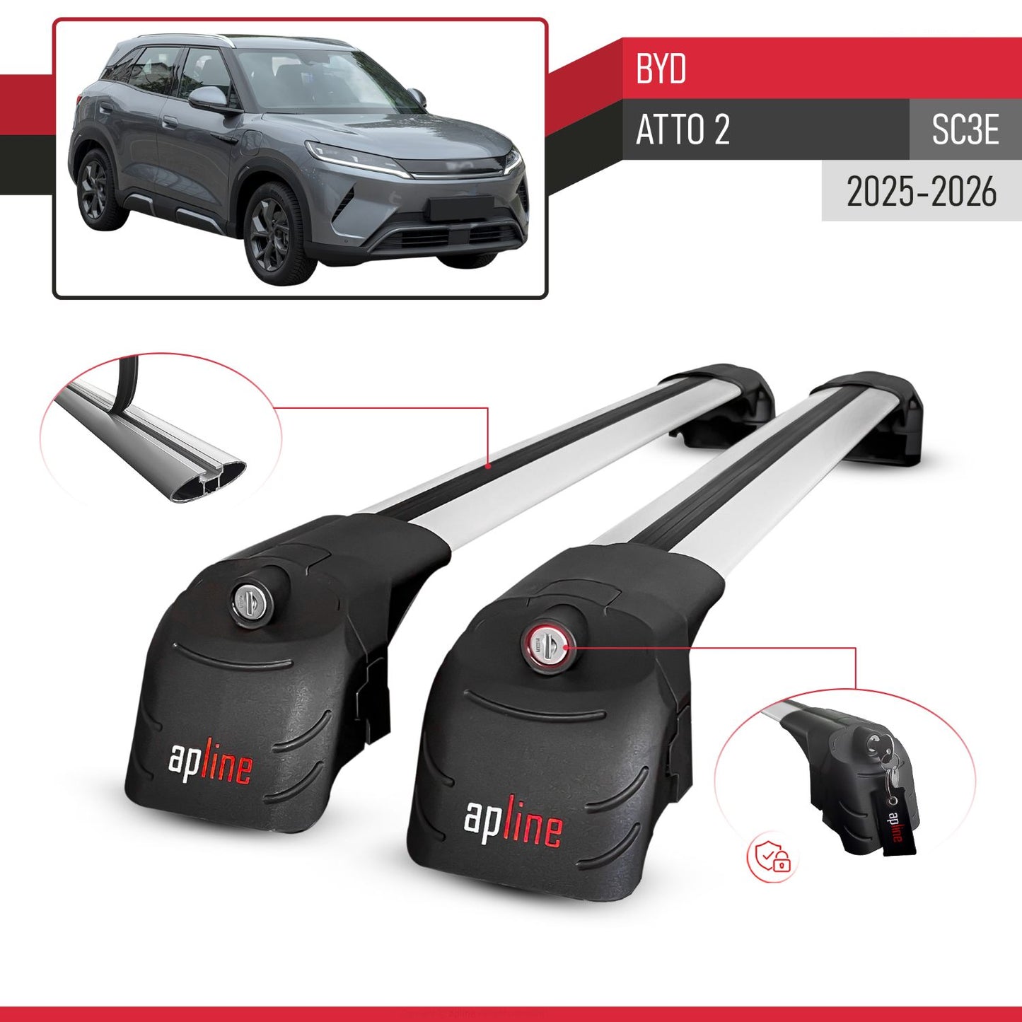 Compatible with BYD Atto 2 2025-2026 ACE-2 Car Roof Rack Cross Bar Grey Aluminium 2 Bars