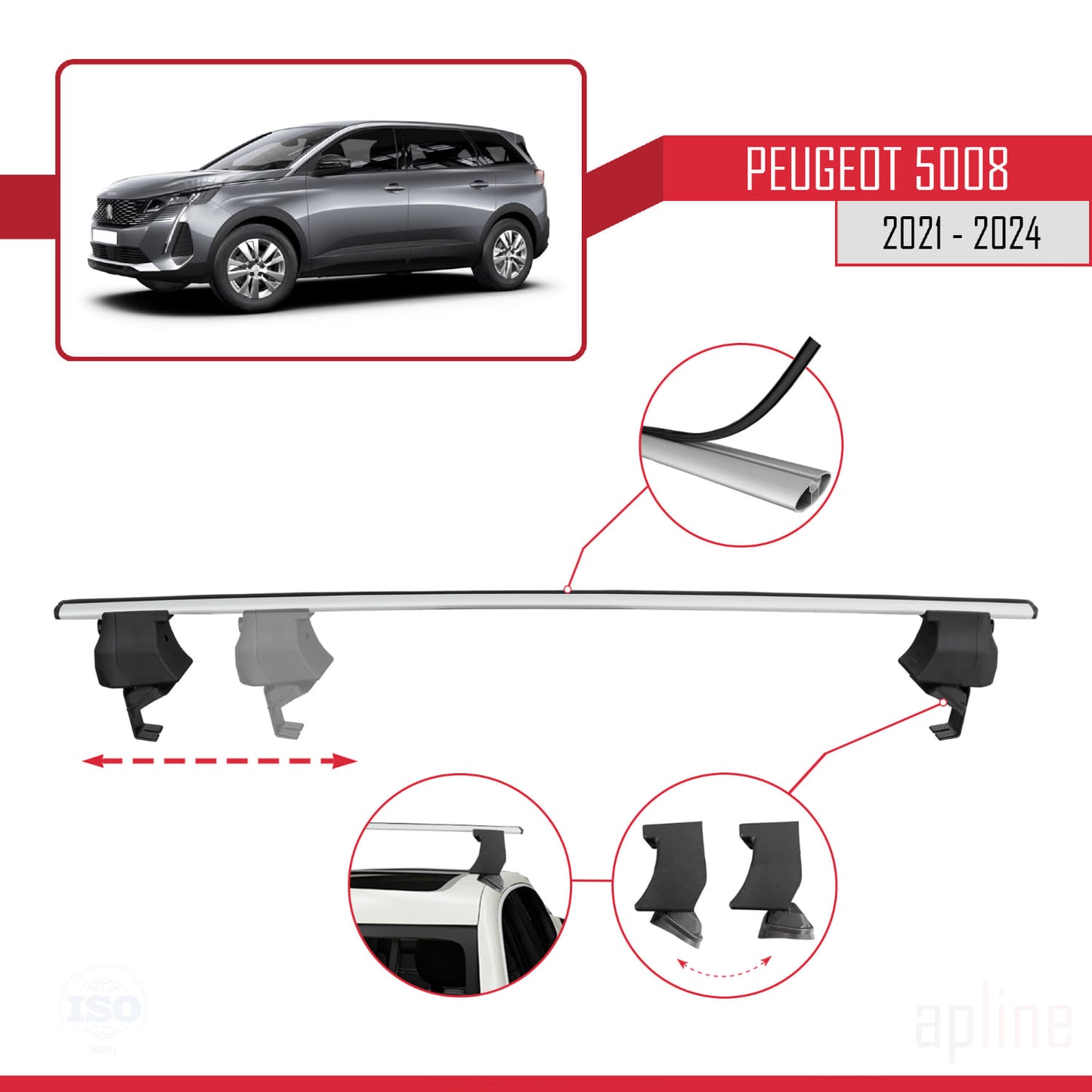 Compatible avec Peugeot 5008 II (P87) Post-Facelift 2021-2024 ACE-4 Barres de Toit Railing Porte-Bagages de Voiture Gris Aluminium 2 Barres