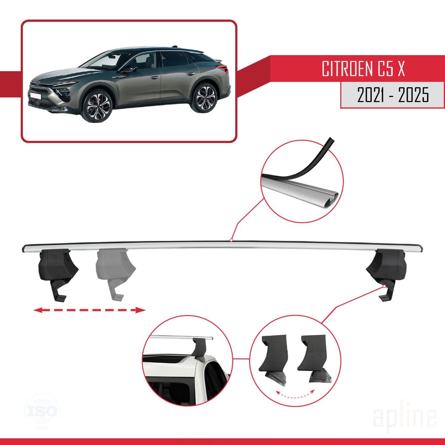 Compatible with Citroen C5 X (E43) 2021-2025 ACE-4 Car Roof Rack Cross Bar Grey Aluminium 2 Bars
