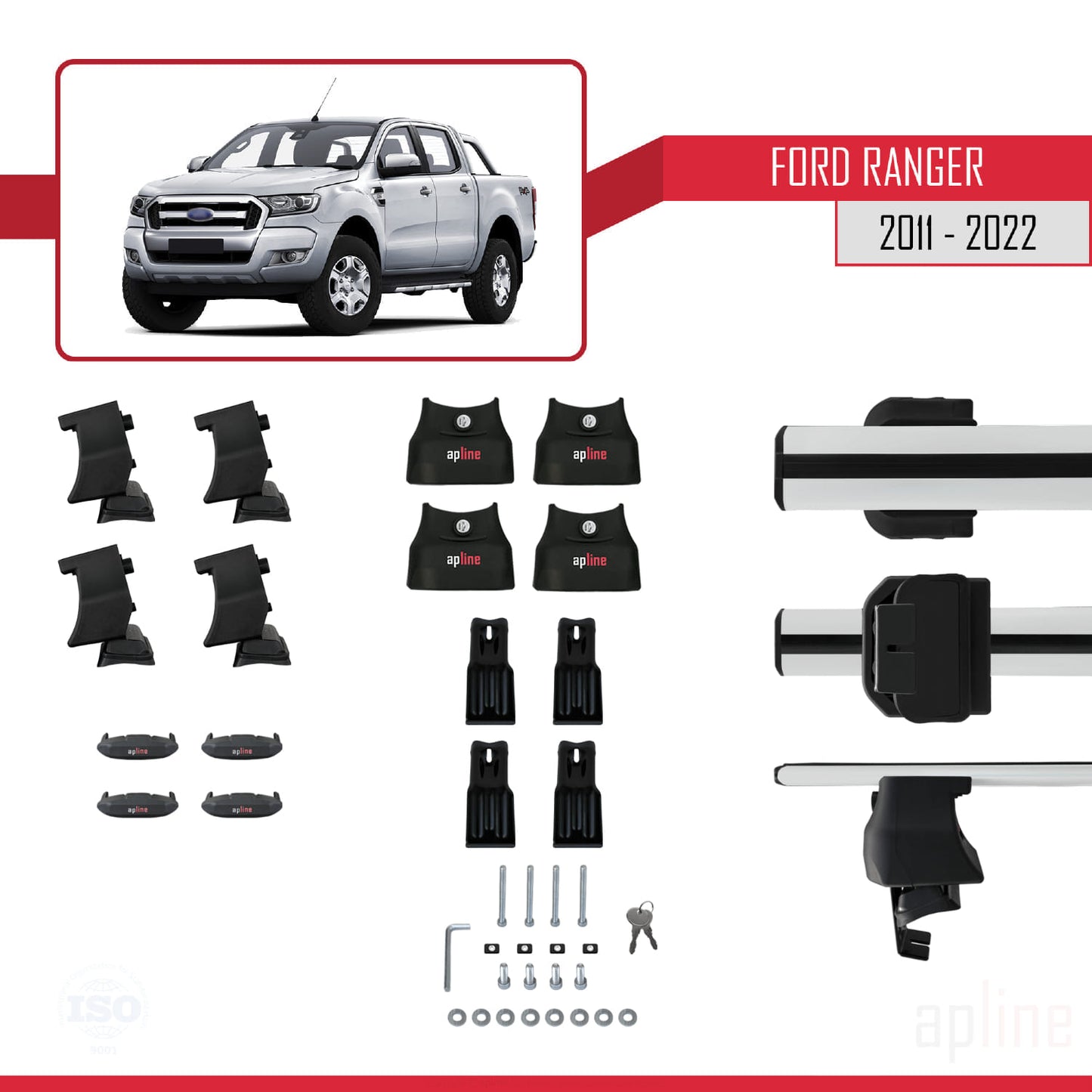 Compatible with Ford Ranger (P375) 2011-2022 ACE-4 Car Roof Rack Cross Bar Grey Aluminium 2 Bars