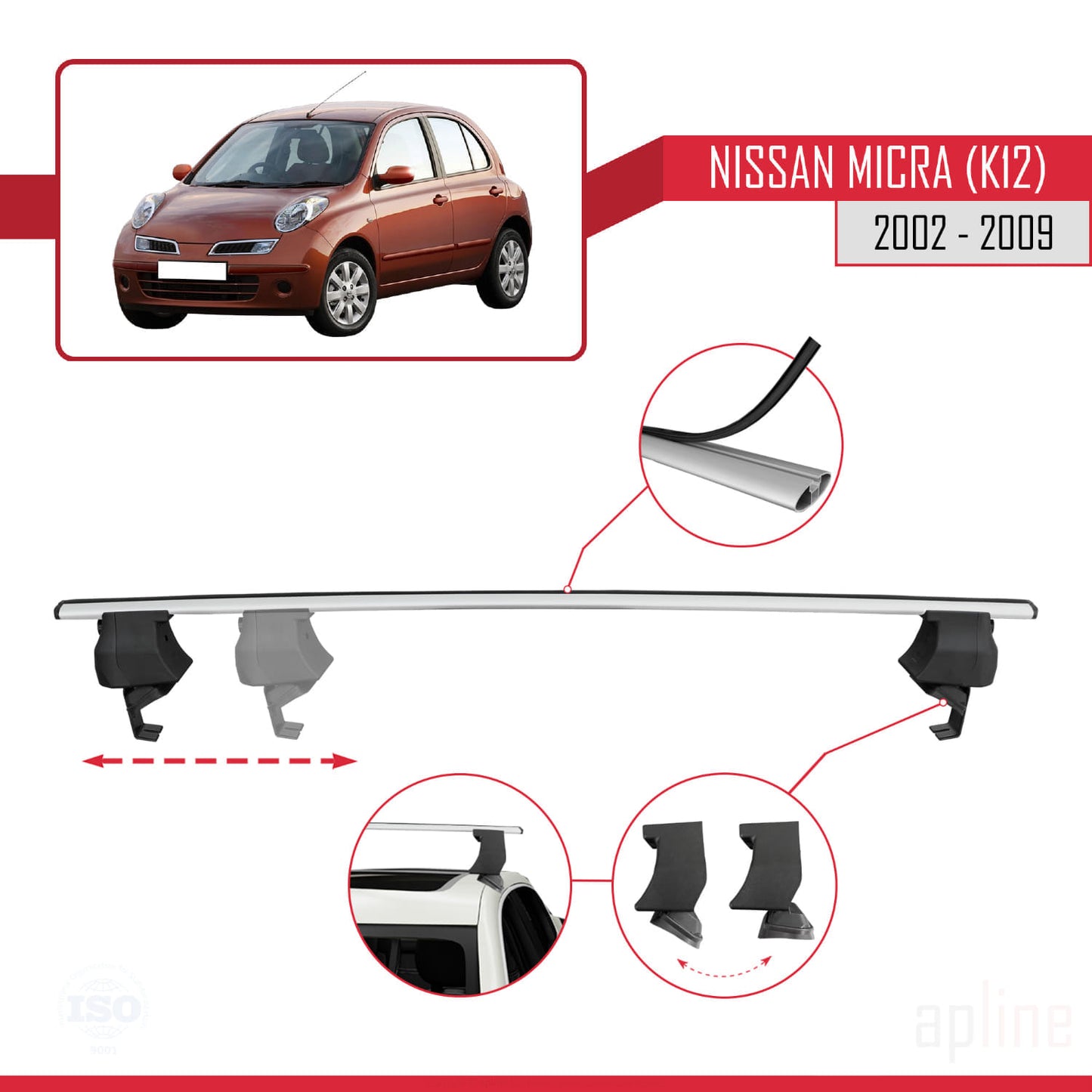 Compatible avec Nissan Micra 3 (K12) 2002-2009 ACE-4 Barres de Toit Railing Porte-Bagages de Voiture Gris Aluminium 2 Barres