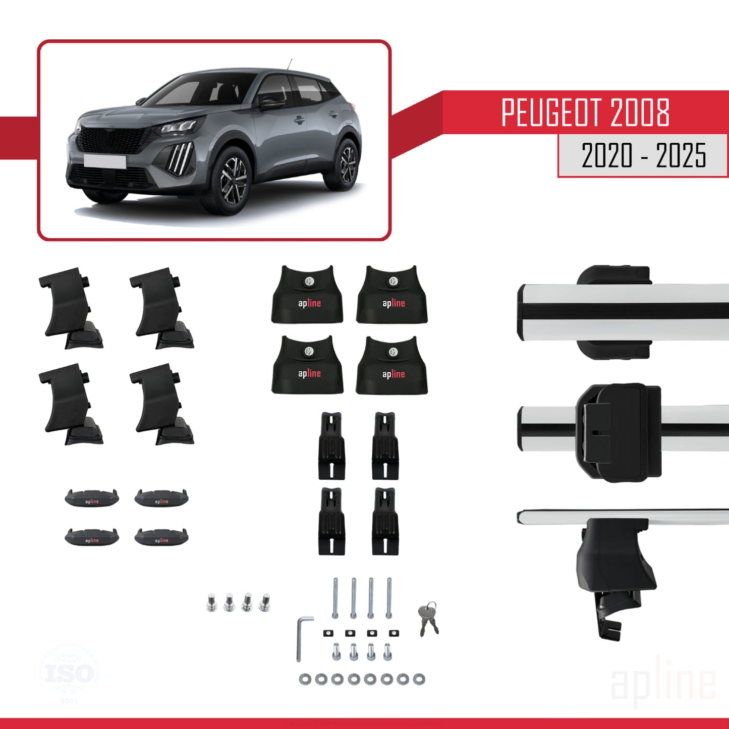 Compatible with Peugeot 2008 II (P24) 2020-2025 ACE-4 Car Roof Rack Cross Bar Grey Aluminium 2 Bars