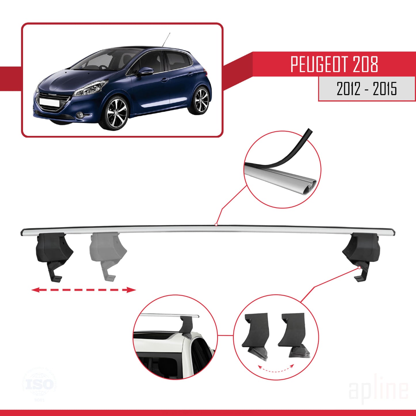 Compatible with Peugeot 208 (A9) Pre-Facelift 2012-2015 ACE-4 Car Roof Rack Cross Bar Grey Aluminium 2 Bars