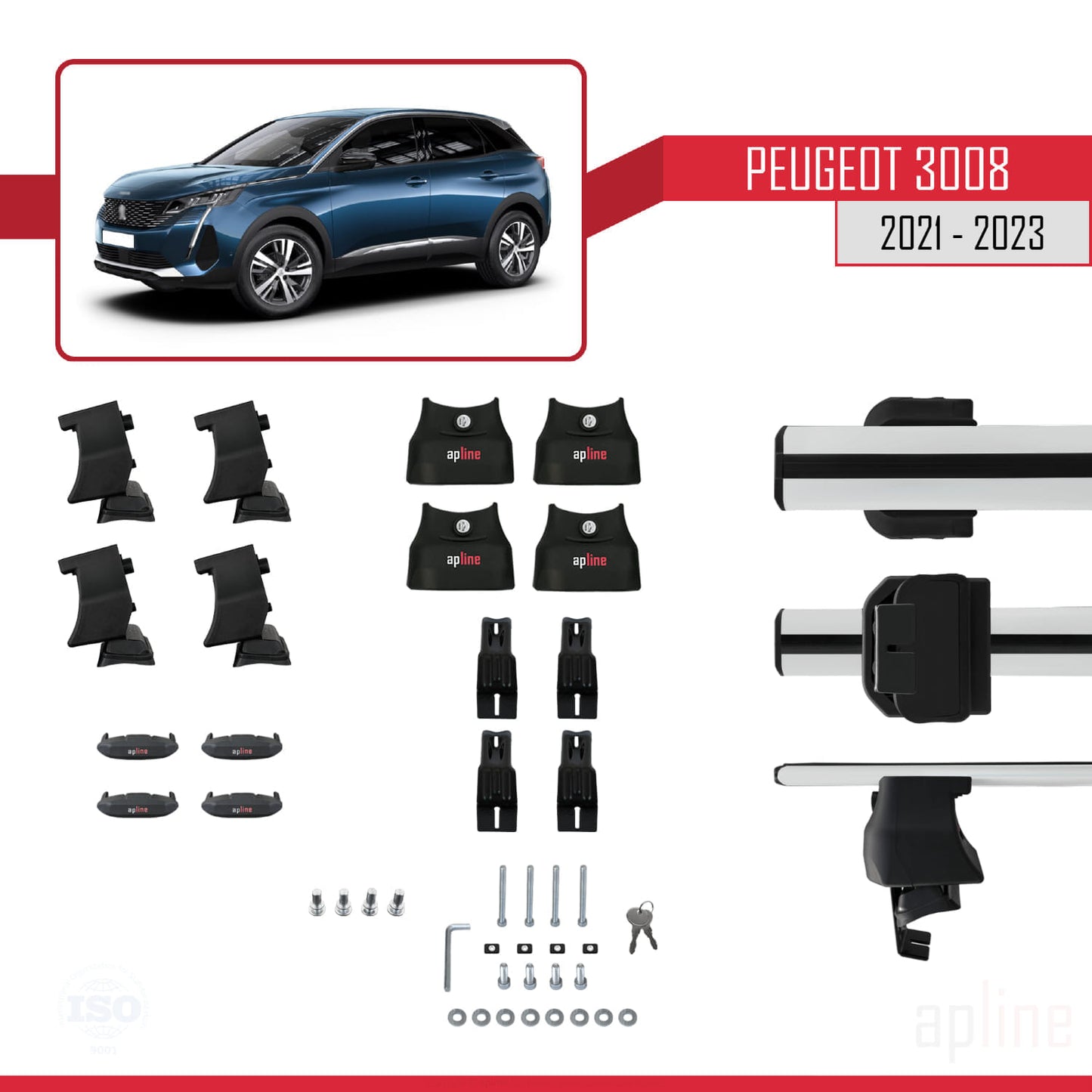 Compatible with Peugeot 3008 II (P84) Post-Facelift 2021-2023 ACE-4 Car Roof Rack Cross Bar Grey Aluminium 2 Bars