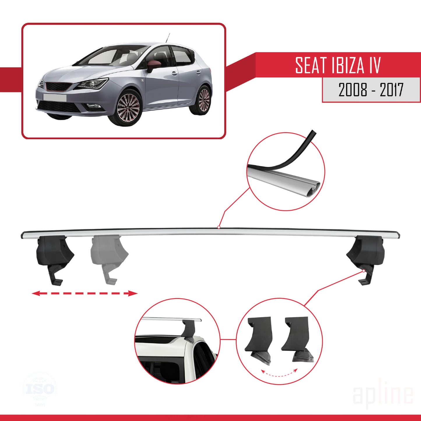 Compatible avec Seat Ibiza 4 (6J) 2008-2017 ACE-4 Barres de Toit Railing Porte-Bagages de Voiture Gris Aluminium 2 Barres