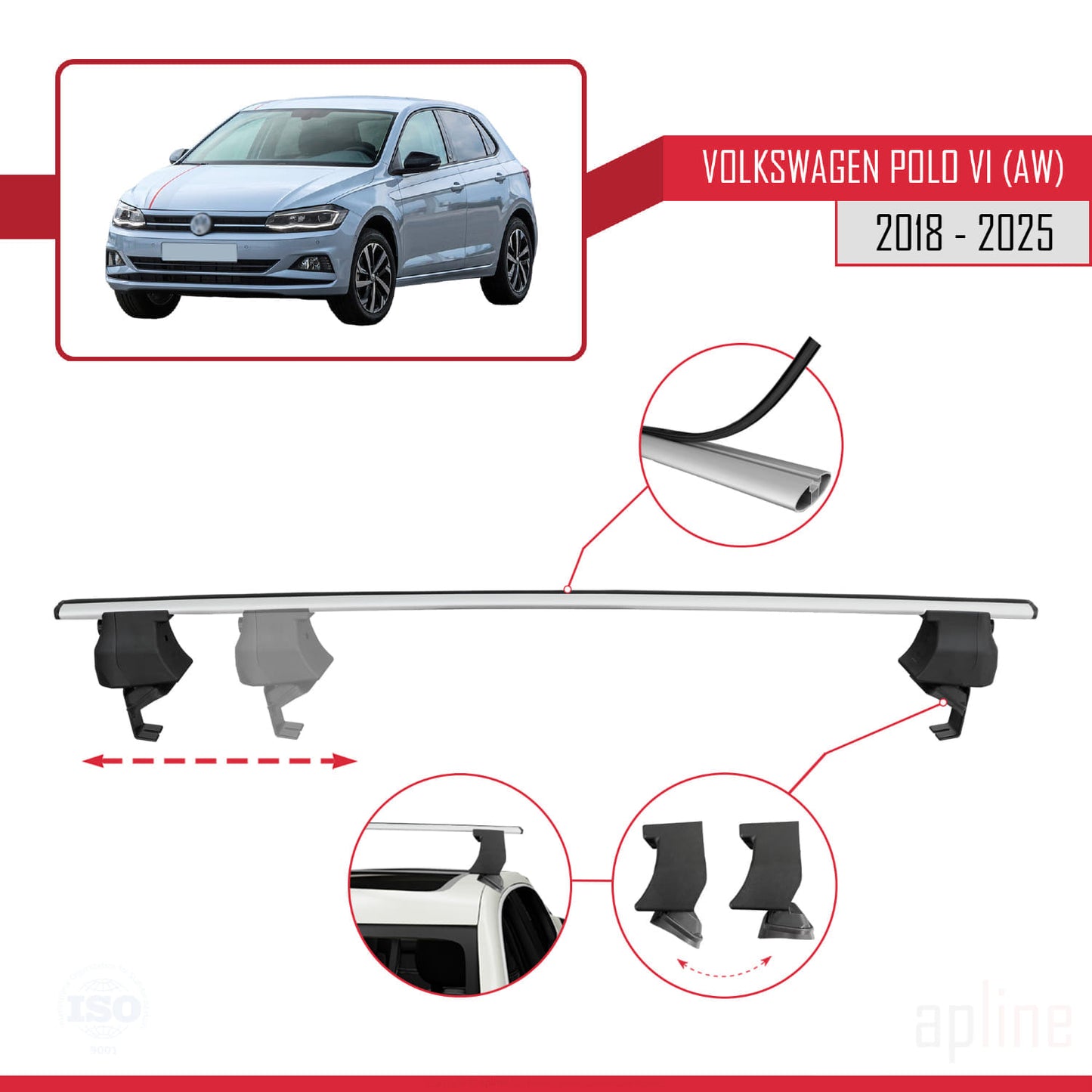 Compatible avec Volkswagen Polo 6 (AW) 2018-2025 ACE-4 Barres de Toit Railing Porte-Bagages de Voiture Gris Aluminium 2 Barres