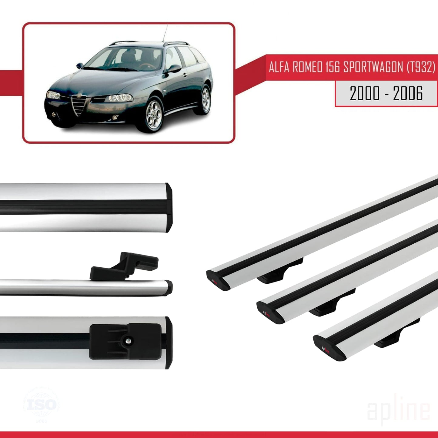 Compatible with Alfa Romeo 156 (T932) SW 2000-2006 BASIC Model Car Roof Rack Cross Bar Grey Aluminium 3 Bars