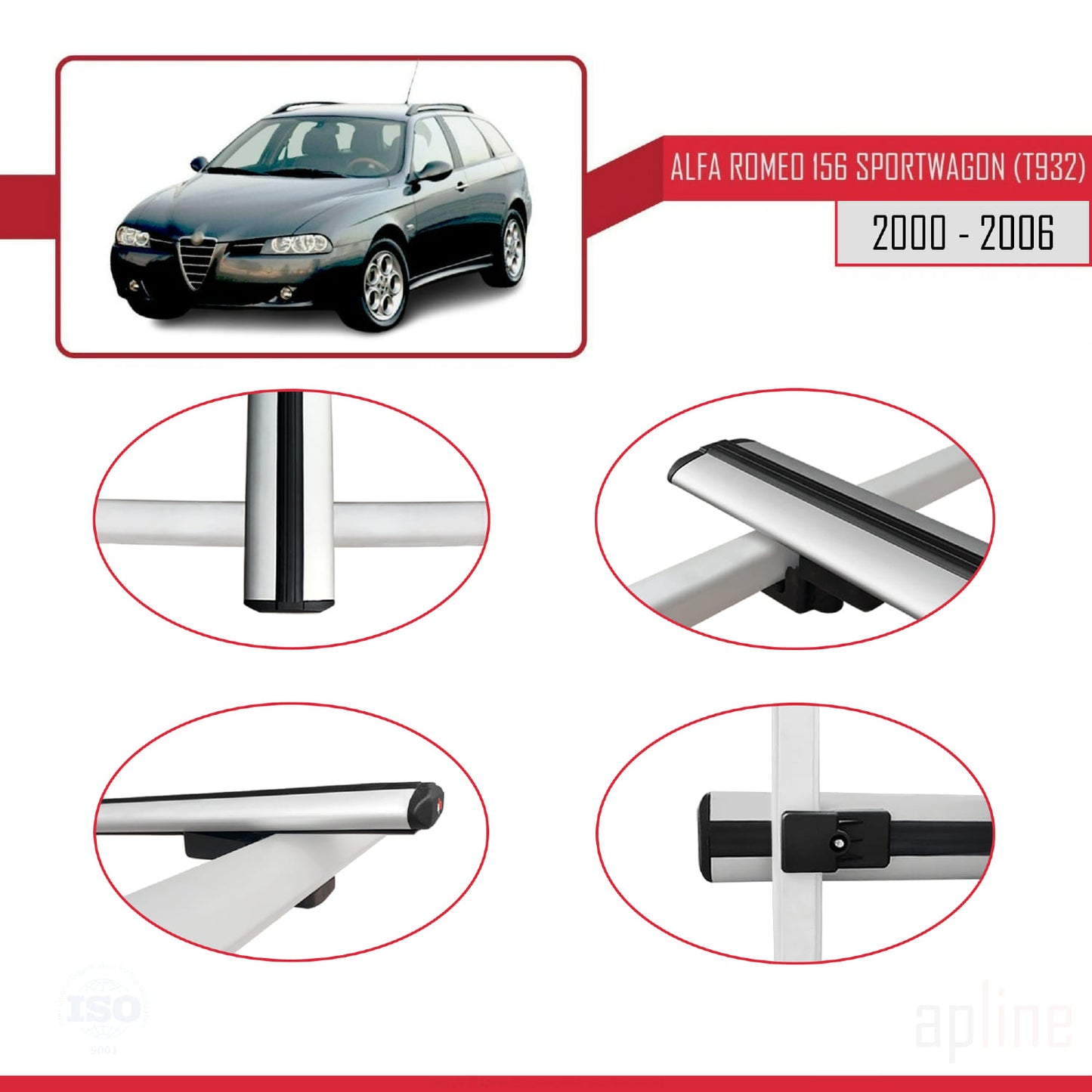 Compatible with Alfa Romeo 156 (T932) SW 2000-2006 BASIC Model Car Roof Rack Cross Bar Grey Aluminium 3 Bars