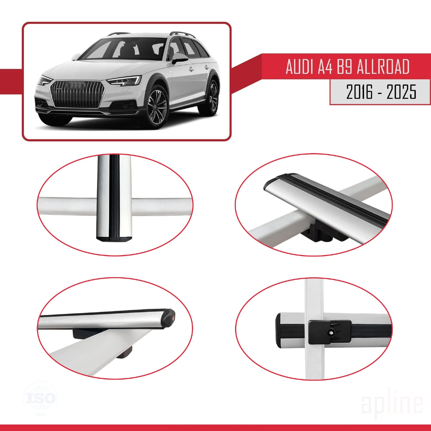 Compatible avec A4 (B9) Allroad 2016-2025 BASIC Model Barres de Toit Railing Porte-Bagages de Voiture Gris Aluminium 2 Barres