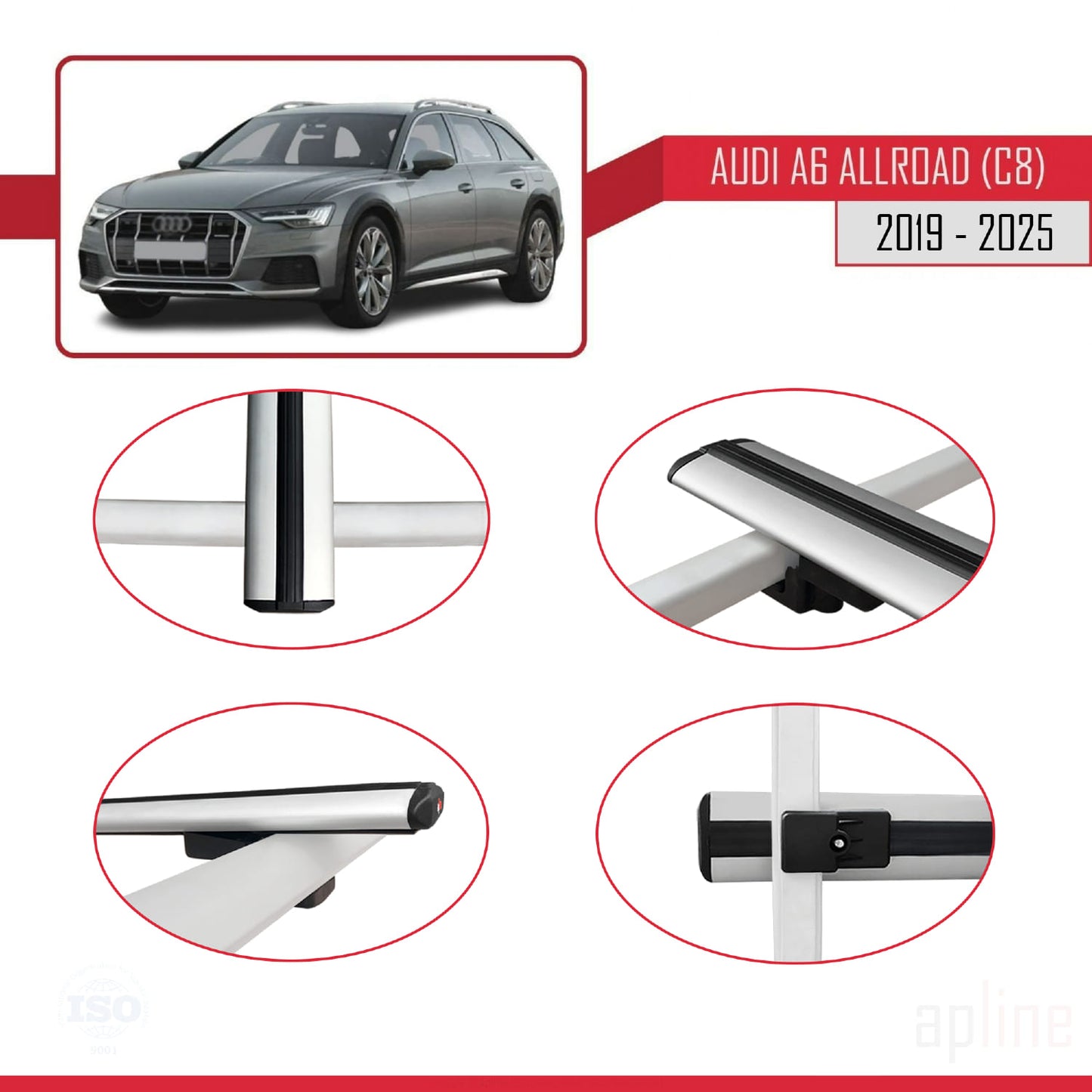 Compatible avec A6 (C8) Allroad 2019-2025 BASIC Model Barres de Toit Railing Porte-Bagages de Voiture Gris Aluminium 3 Barres