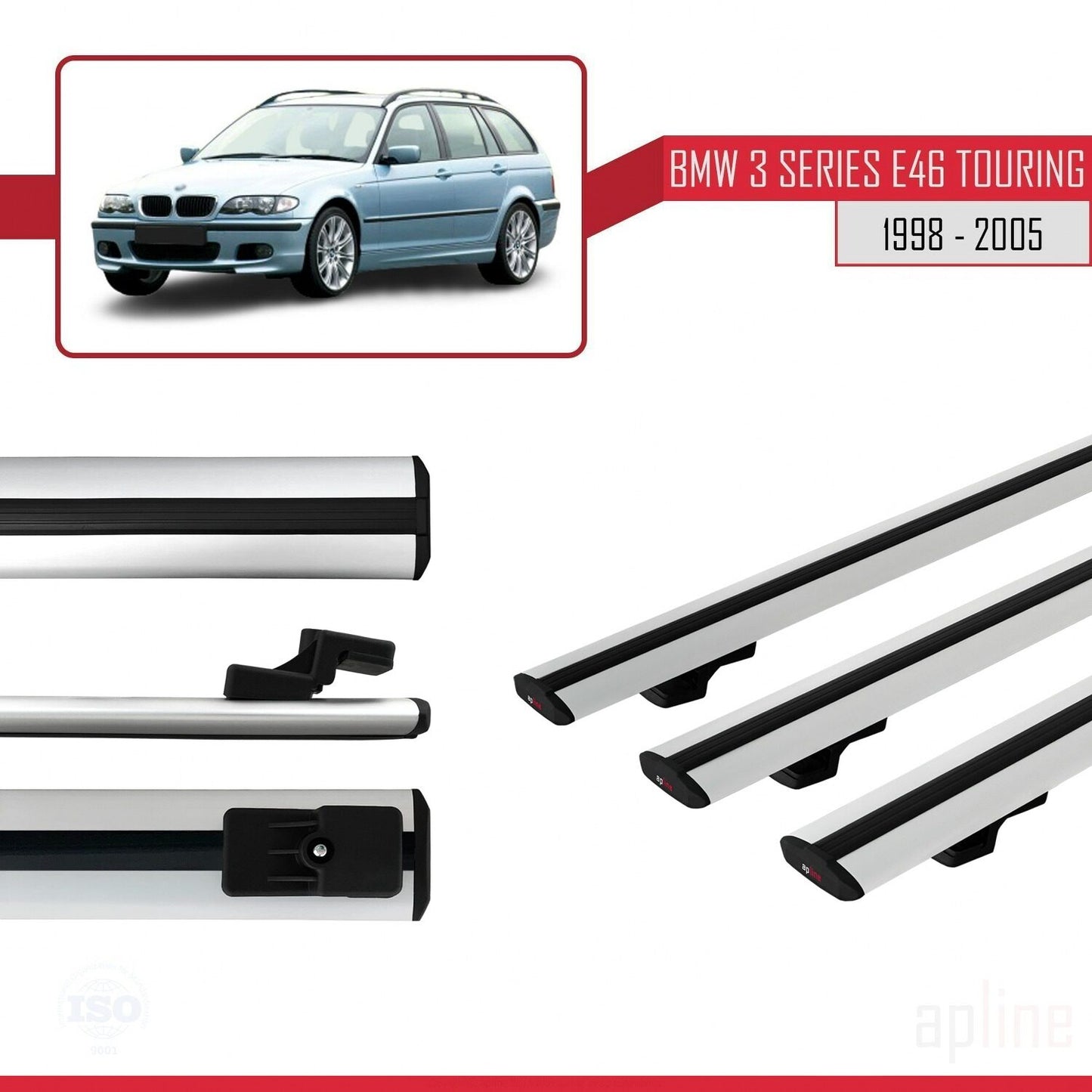 Compatible avec BMW Série 3 (E46) Touring 1999-2005 BASIC Model Barres de Toit Railing Porte-Bagages de Voiture Gris Aluminium 3 Barres