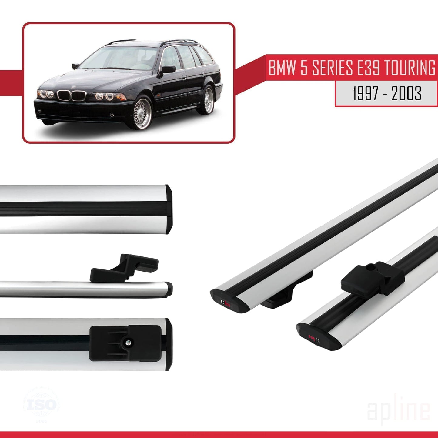 Compatible avec BMW Série 5 (E39) Touring 1997-2003 BASIC Model Barres de Toit Railing Porte-Bagages de Voiture Gris Aluminium 2 Barres