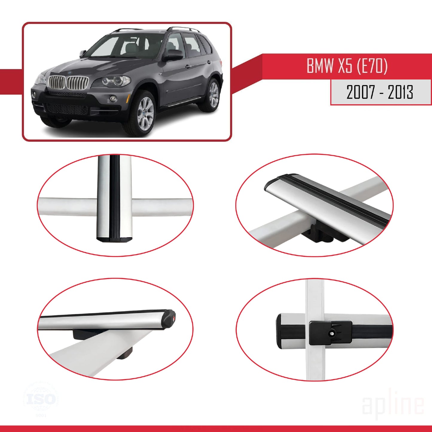 Compatible with BMW X5 (E70) 2007-2013 BASIC Model Car Roof Rack Cross Bar Grey Aluminium 3 Bars