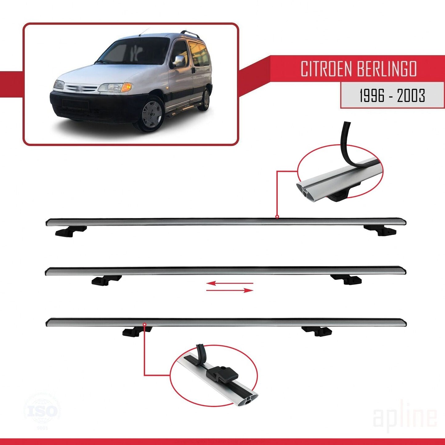Compatible avec Citroen Berlingo (M49) 1996-2003 BASIC Model Barres de Toit Railing Porte-Bagages de Voiture Gris Aluminium 2 Barres