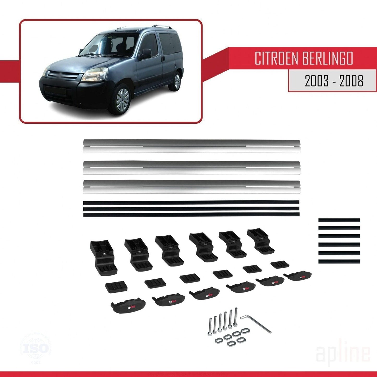 Compatible with Citroen Berlingo (M59) 2003-2008 BASIC Model Car Roof Rack Cross Bar Grey Aluminium 3 Bars