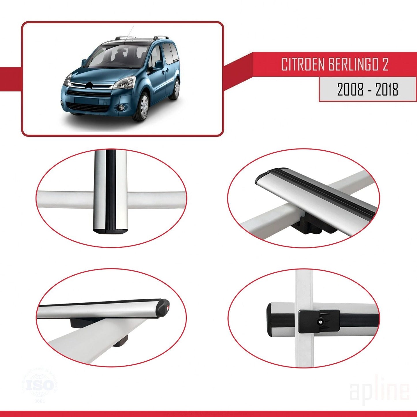Compatible with Citroen Berlingo 2 (B9) 2008-2018 BASIC Model Car Roof Rack Cross Bar Grey Aluminium 3 Bars