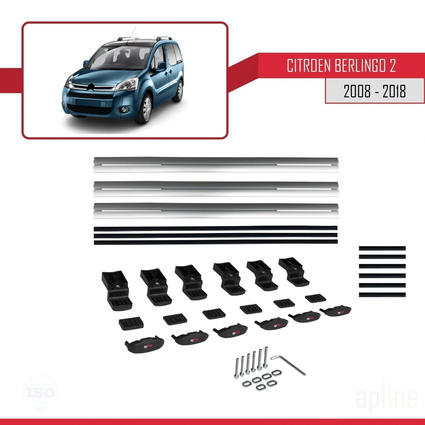 Compatible with Citroen Berlingo 2 (B9) 2008-2018 BASIC Model Car Roof Rack Cross Bar Grey Aluminium 3 Bars