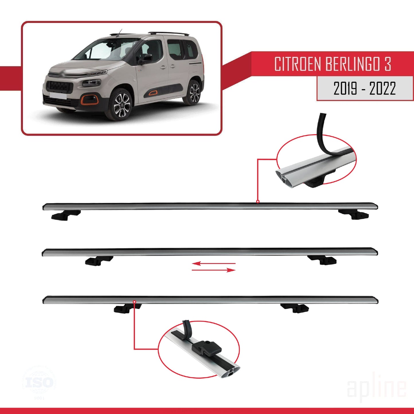 Compatible with Citroen Berlingo 3 (K9) 2019-2022 BASIC Model Car Roof Rack Cross Bar Grey Aluminium 3 Bars