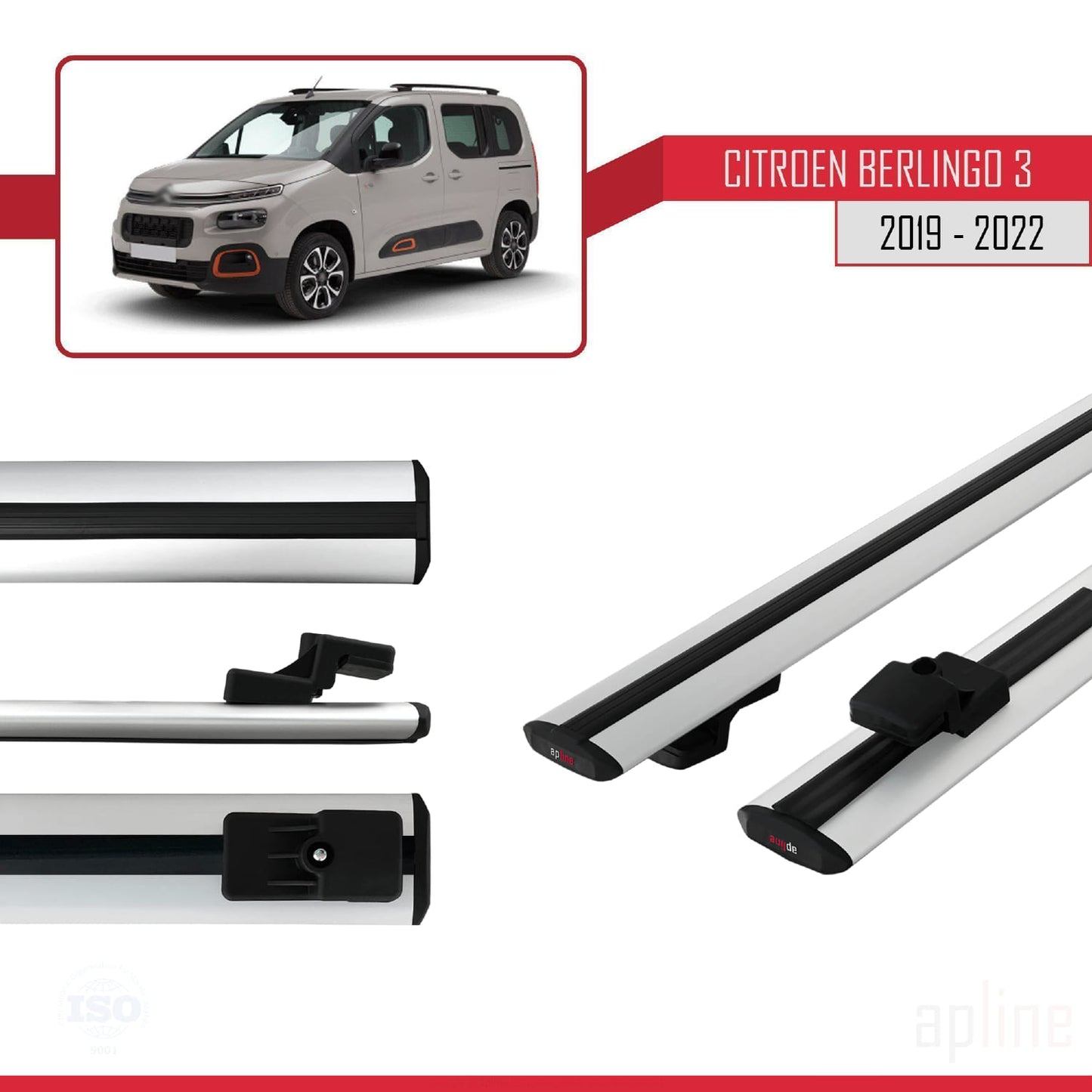 Compatible avec Citroen Berlingo 3 (K9) 2019-2022 BASIC Model Barres de Toit Railing Porte-Bagages de Voiture Gris Aluminium 2 Barres