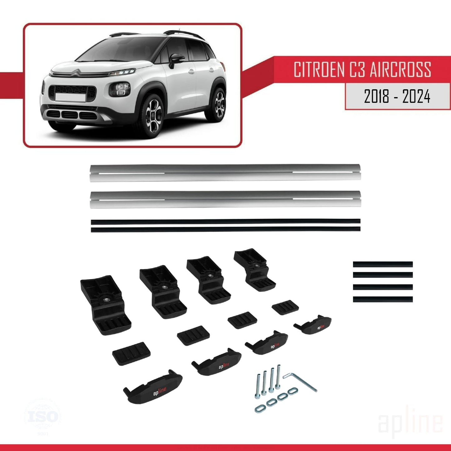 Compatible avec Citroen C3 Aircross (A88) 2018-2024 BASIC Model Barres de Toit Railing Porte-Bagages de Voiture Gris Aluminium 2 Barres