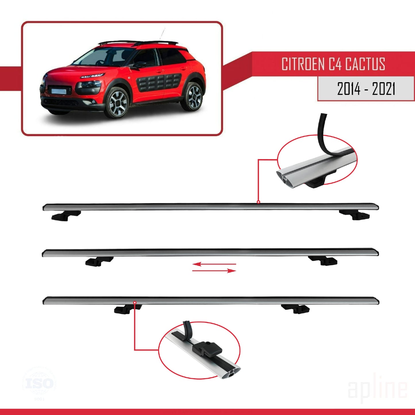 Compatible avec Citroen C4 Cactus 2014-2021 BASIC Model Barres de Toit Railing Porte-Bagages de Voiture Gris Aluminium 3 Barres