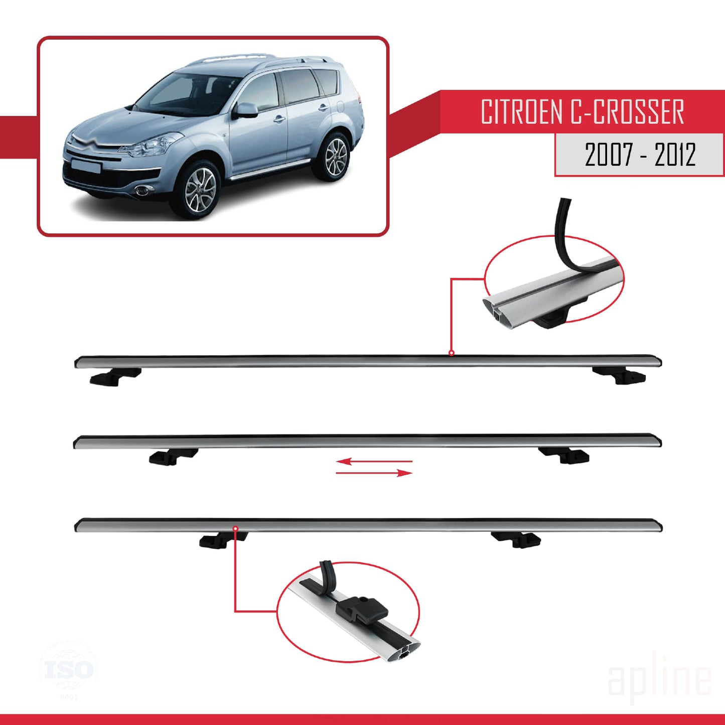 Compatible avec Citroen C-Crosser 2007-2012 BASIC Model Barres de Toit Railing Porte-Bagages de Voiture Gris Aluminium 3 Barres
