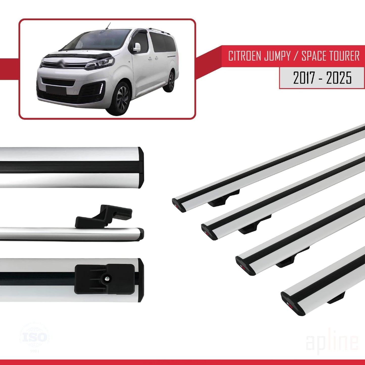 Compatible avec Citroen Jumpy 3 (K0) Space Tourer 2017-2025 BASIC Model Barres de Toit Railing Porte-Bagages de Voiture Gris Aluminium 4 Barres