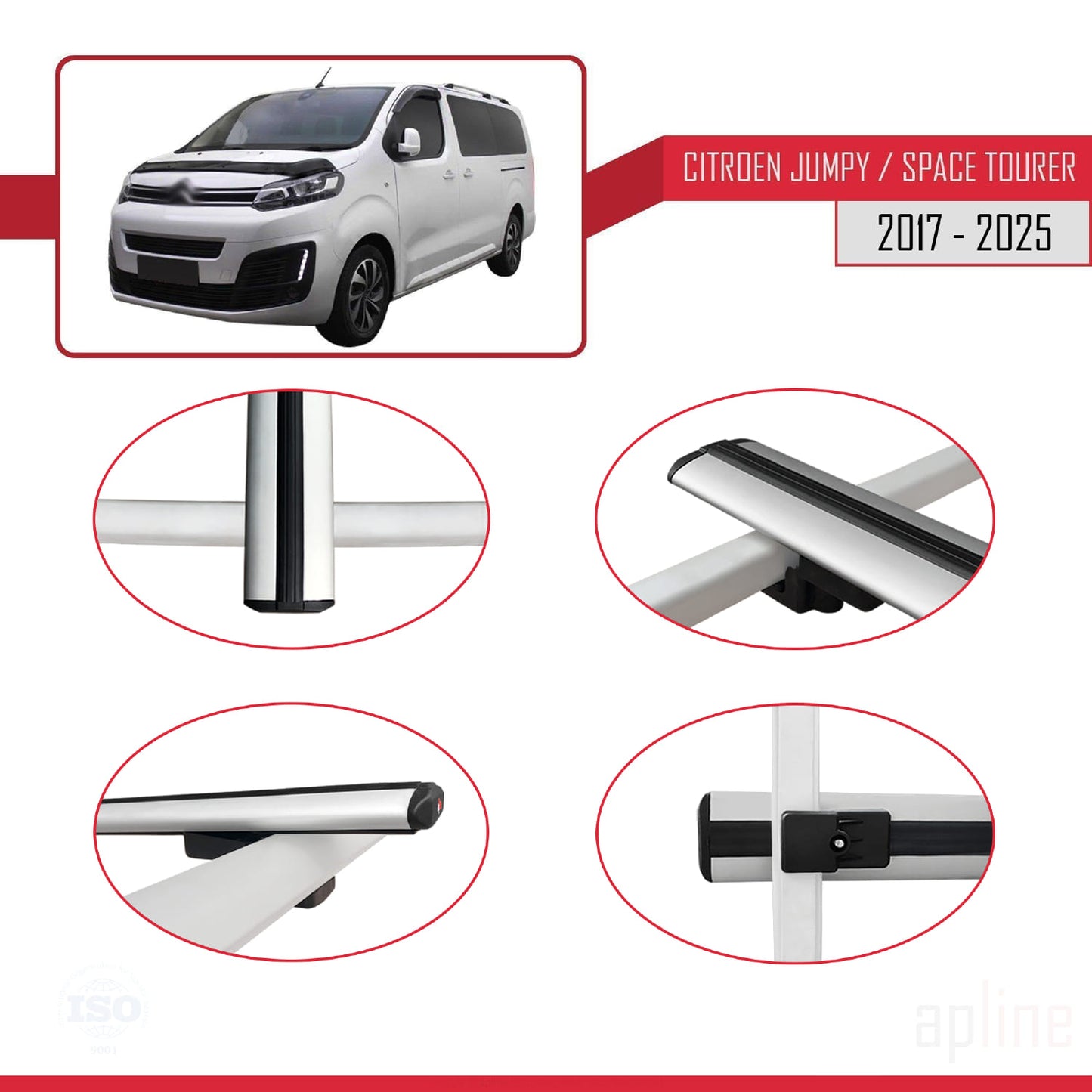 Compatible avec Citroen Jumpy 3 (K0) Space Tourer 2017-2025 BASIC Model Barres de Toit Railing Porte-Bagages de Voiture Gris Aluminium 4 Barres