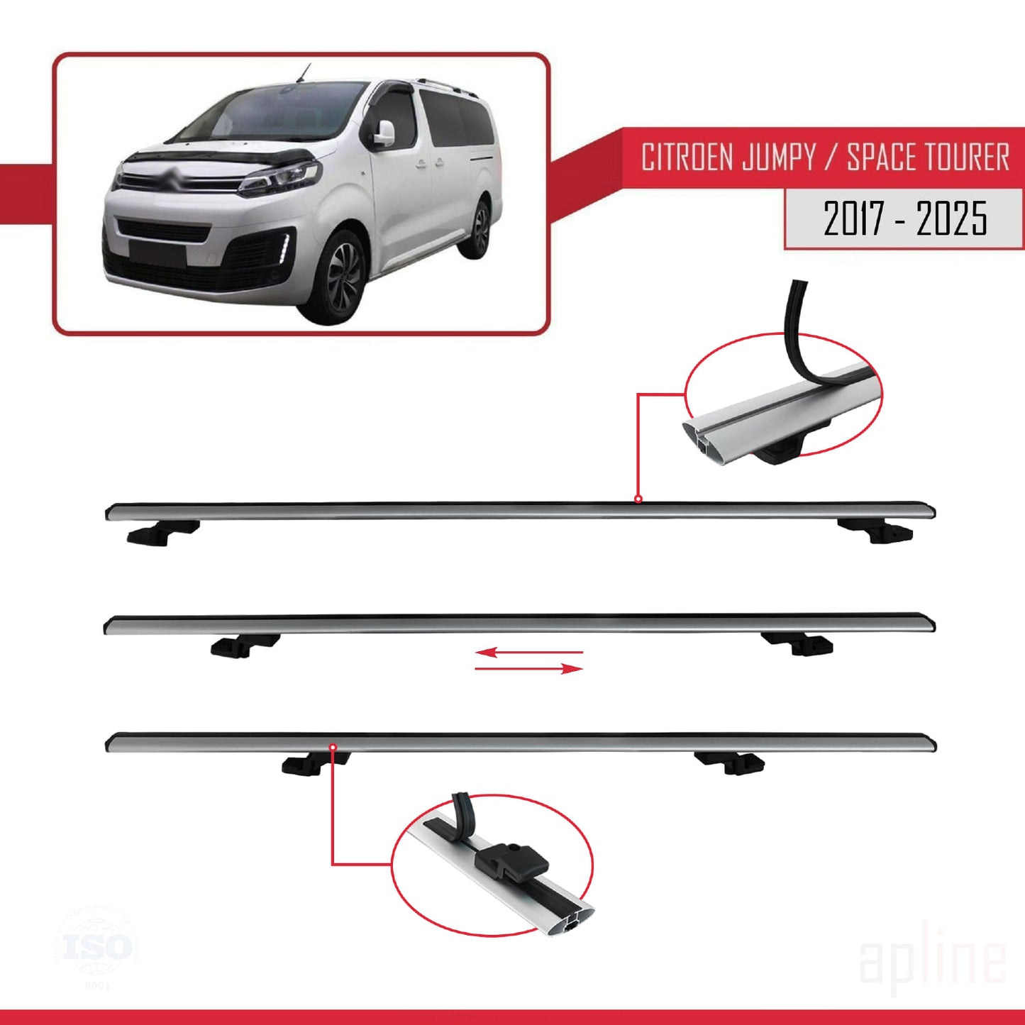 Compatible avec Citroen Jumpy 3 (K0) Space Tourer 2017-2025 BASIC Model Barres de Toit Railing Porte-Bagages de Voiture Gris Aluminium 2 Barres