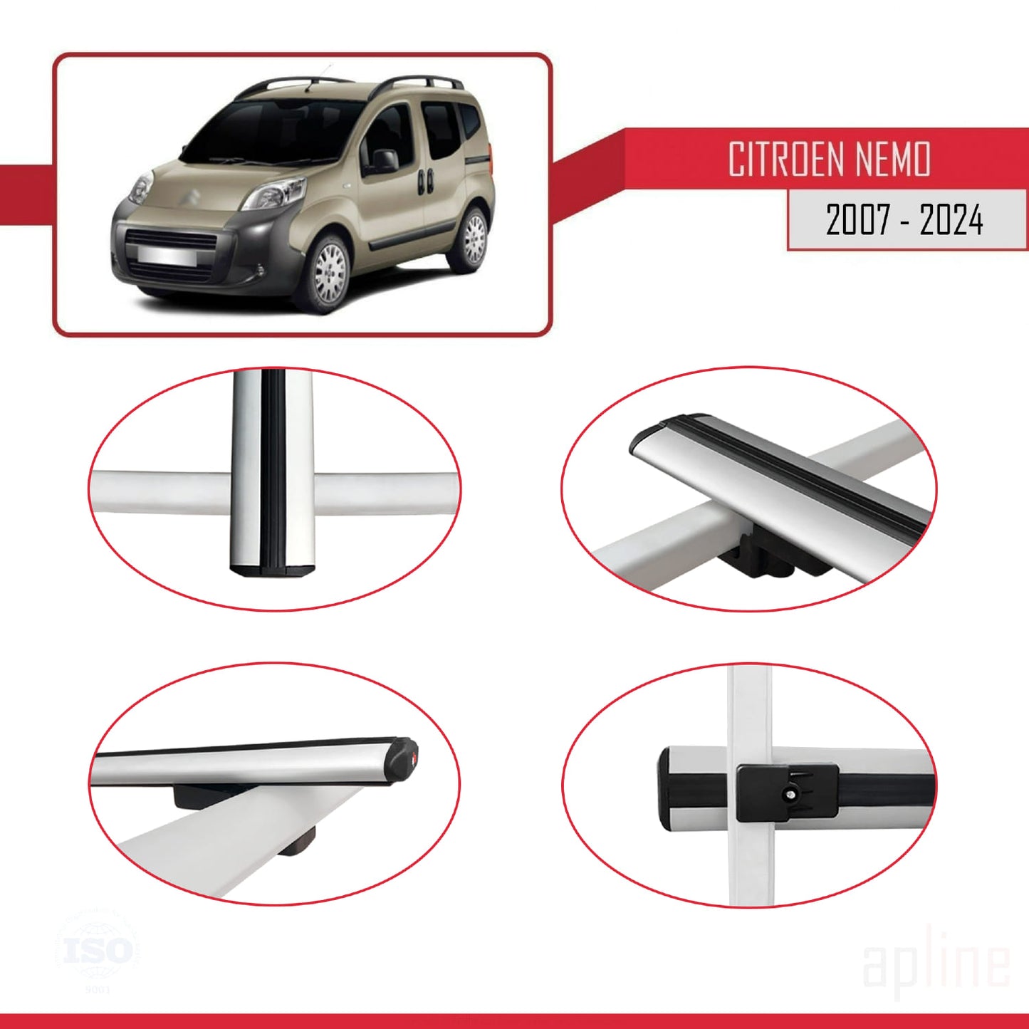 Compatible avec Citroen Nemo 3 (225) 2007-2024 BASIC Model Barres de Toit Railing Porte-Bagages de Voiture Gris Aluminium 2 Barres