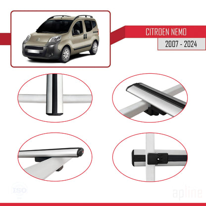 Compatible avec Citroen Nemo 3 (225) 2007-2024 BASIC Model Barres de Toit Railing Porte-Bagages de Voiture Gris Aluminium 2 Barres