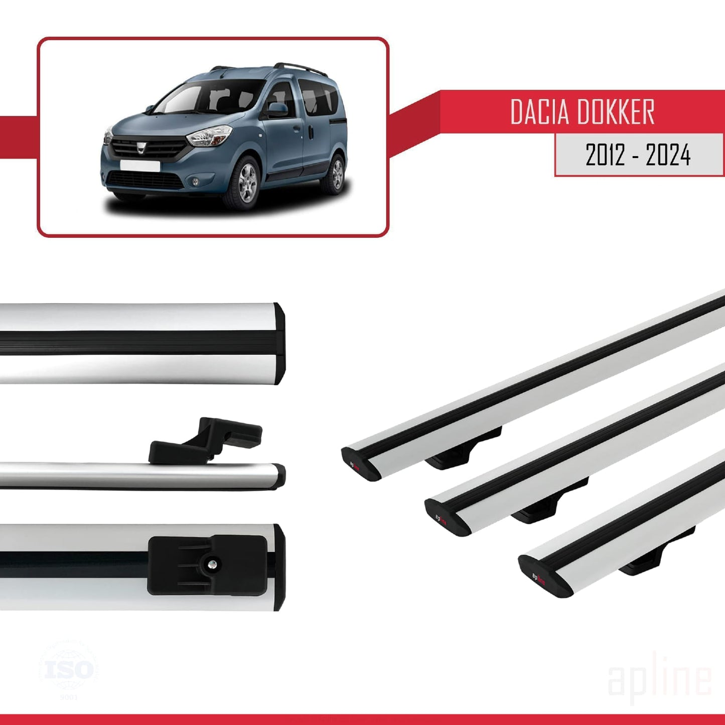 Compatible avec Dacia Dokker (K67) 2012-2024 BASIC Model Barres de Toit Railing Porte-Bagages de Voiture Gris Aluminium 3 Barres