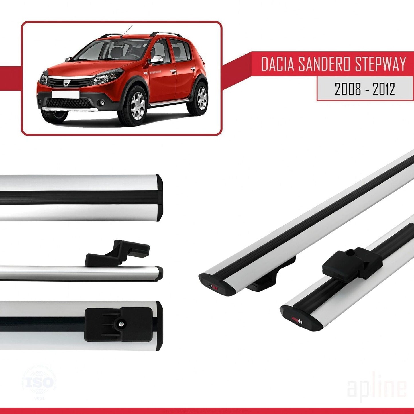 Compatible with Dacia Sandero Stepway 2008-2012 BASIC Model Car Roof Rack Cross Bar Grey Aluminium 2 Bars