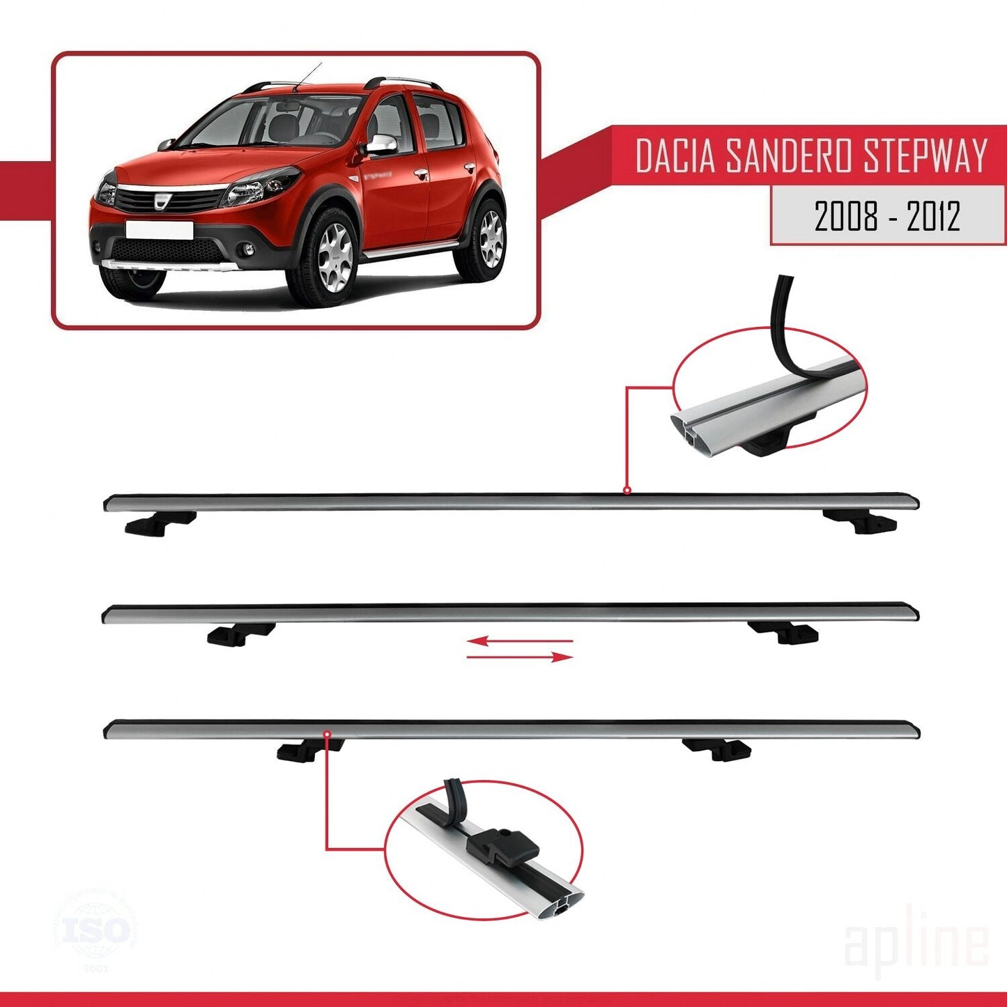 Compatible with Dacia Sandero Stepway 2008-2012 BASIC Model Car Roof Rack Cross Bar Grey Aluminium 2 Bars