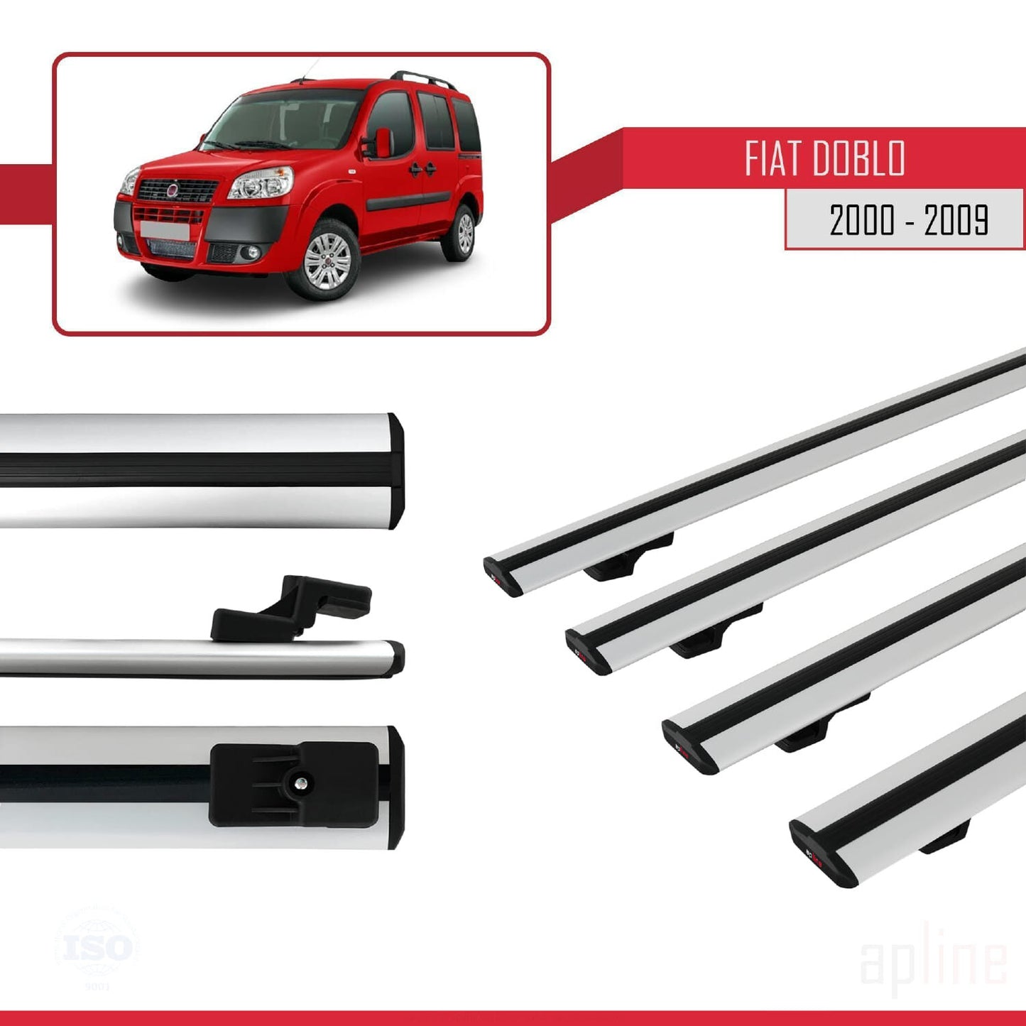 Compatible with Fiat Doblo 2000-2009 BASIC Model Car Roof Rack Cross Bar Grey Aluminium 4 Bars