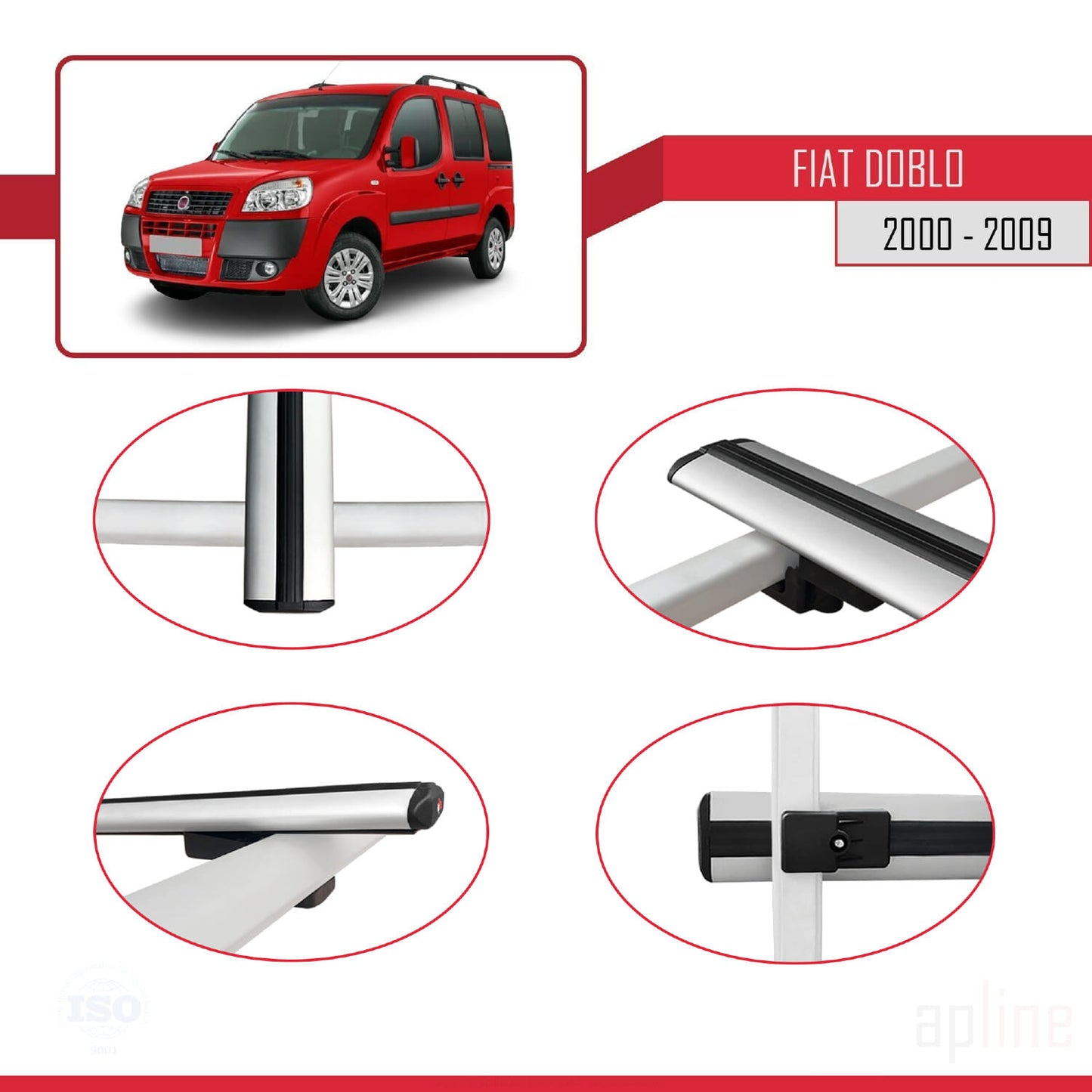 Compatible with Fiat Doblo 2000-2009 BASIC Model Car Roof Rack Cross Bar Grey Aluminium 4 Bars