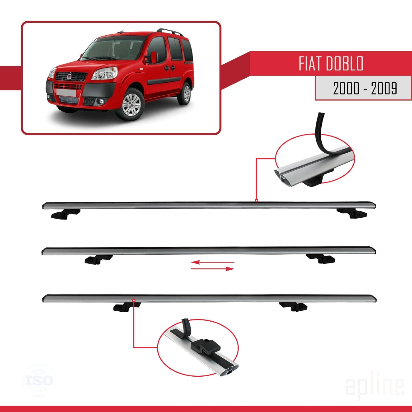 Compatible with Fiat Doblo 2000-2009 BASIC Model Car Roof Rack Cross Bar Grey Aluminium 4 Bars