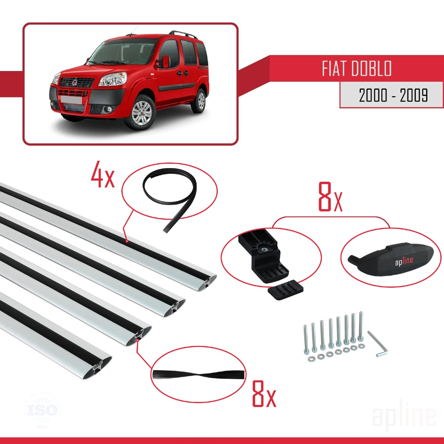 Compatible with Fiat Doblo 2000-2009 BASIC Model Car Roof Rack Cross Bar Grey Aluminium 4 Bars