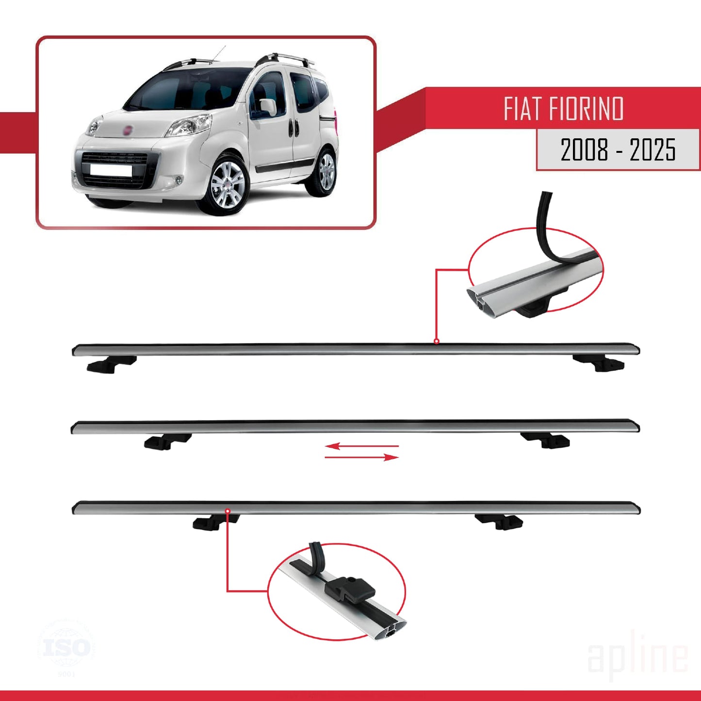 Compatible avec Fiat Fiorino 3 2008-2025 BASIC Model Barres de Toit Railing Porte-Bagages de Voiture Gris Aluminium 2 Barres