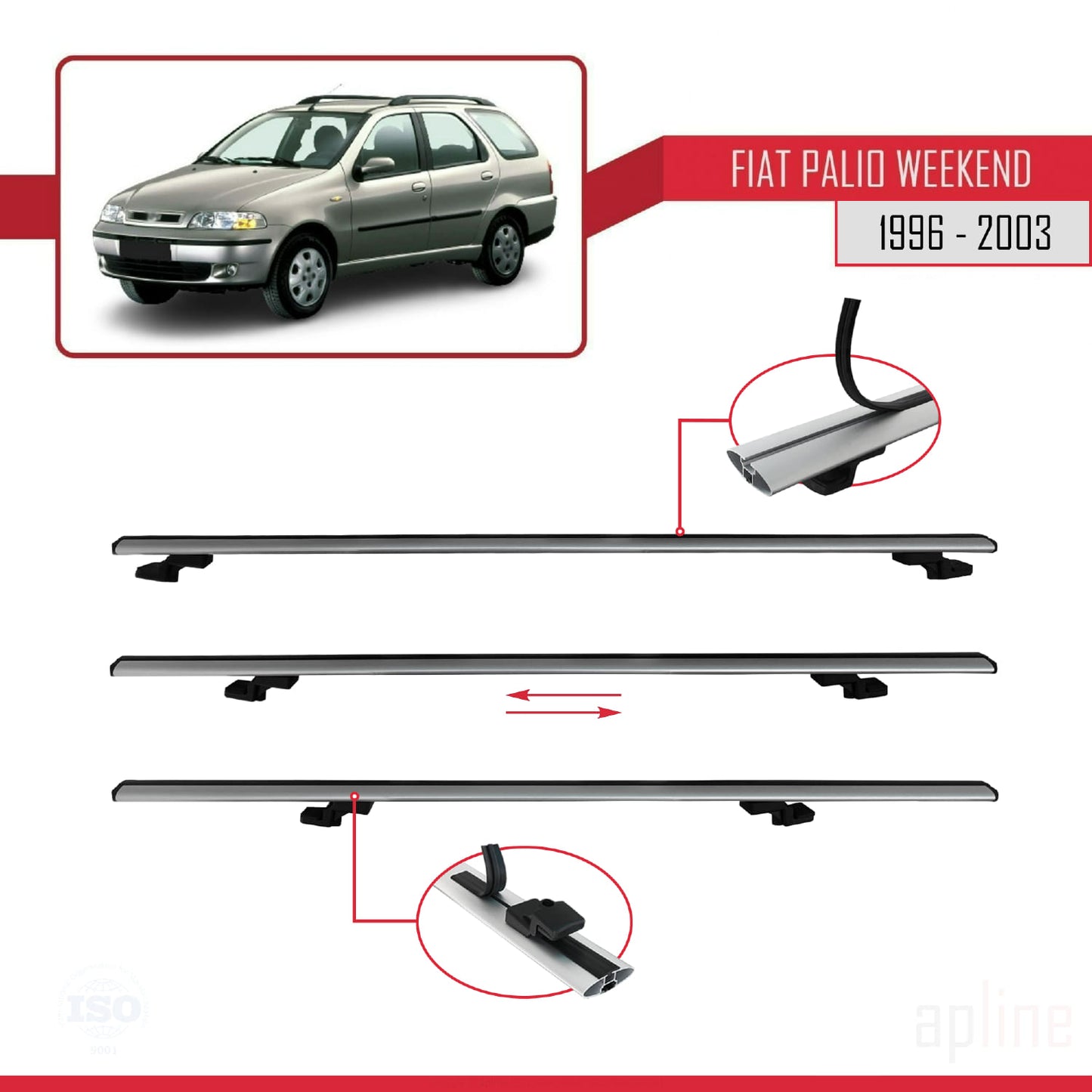 Compatible with Fiat Palio (178) Weekend 1996-2003 BASIC Model Car Roof Rack Cross Bar Grey Aluminium 2 Bars