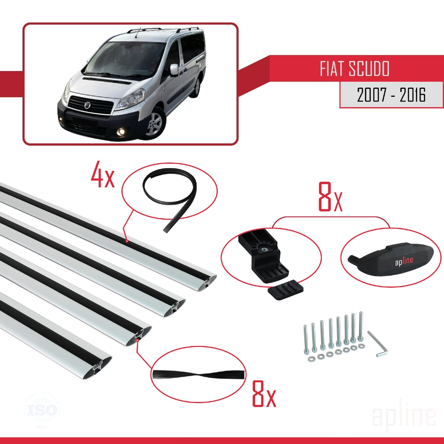 Compatible avec Fiat Scudo 2 2007-2016 BASIC Model Barres de Toit Railing Porte-Bagages de Voiture Gris Aluminium 4 Barres