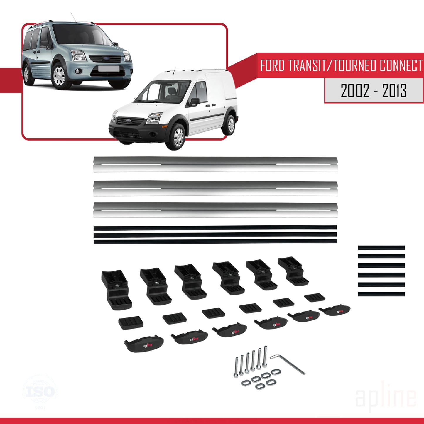 Compatible avec Ford Transit/Tourneo Connect 2002-2013 BASIC Model Barres de Toit Railing Porte-Bagages de Voiture Gris Aluminium 3 Barres