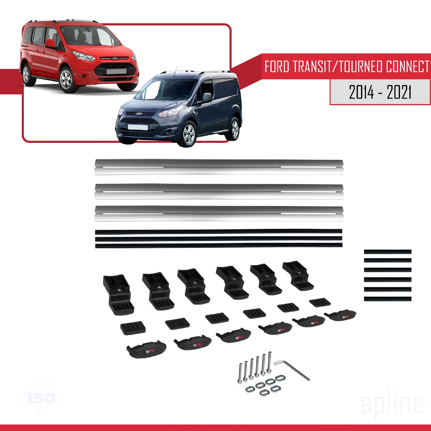 Compatible avec Ford Transit/Tourneo Connect 2 2014-2021 BASIC Model Barres de Toit Railing Porte-Bagages de Voiture Gris Aluminium 3 Barres
