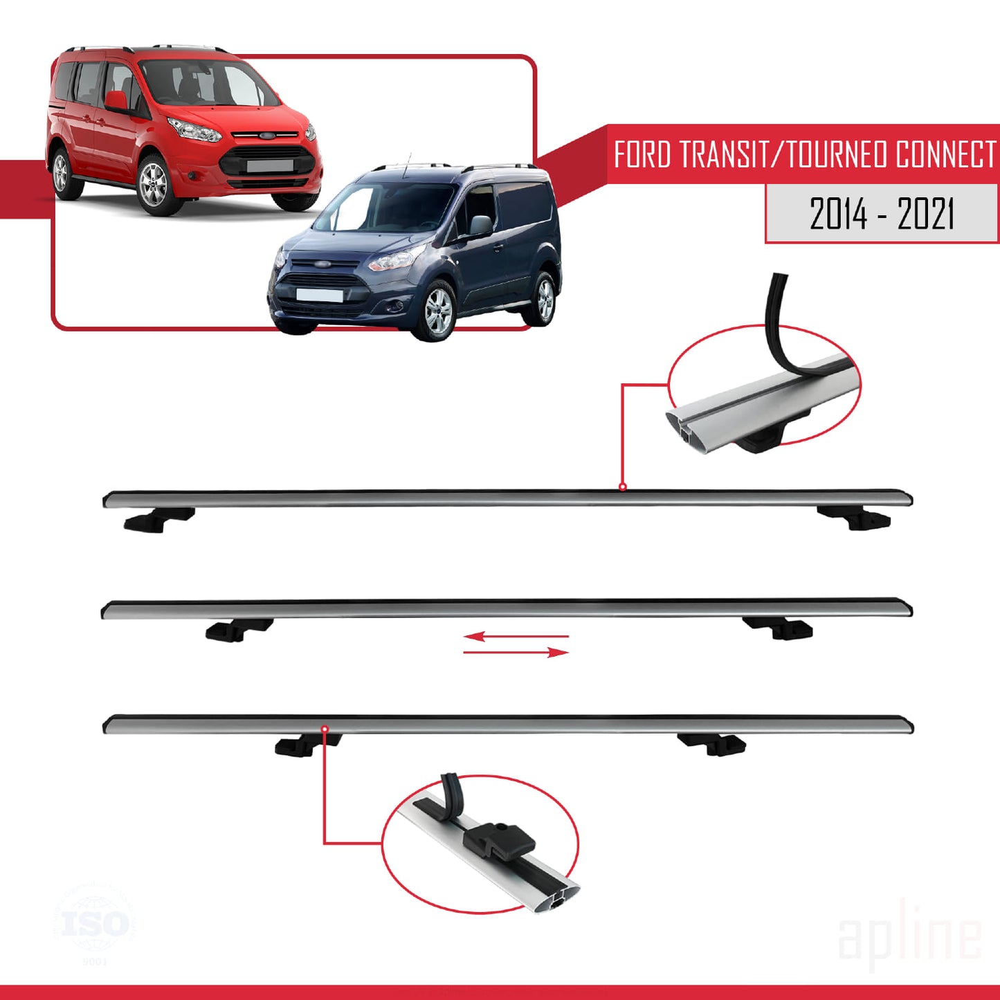 Compatible avec Ford Transit/Tourneo Connect 2 2014-2021 BASIC Model Barres de Toit Railing Porte-Bagages de Voiture Gris Aluminium 4 Barres