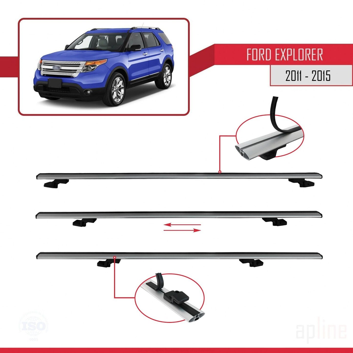 Compatible avec Ford Explorer 5 (U502) Pre-Facelift 2011-2015 BASIC Model Barres de Toit Railing Porte-Bagages de Voiture Gris Aluminium 2 Barres